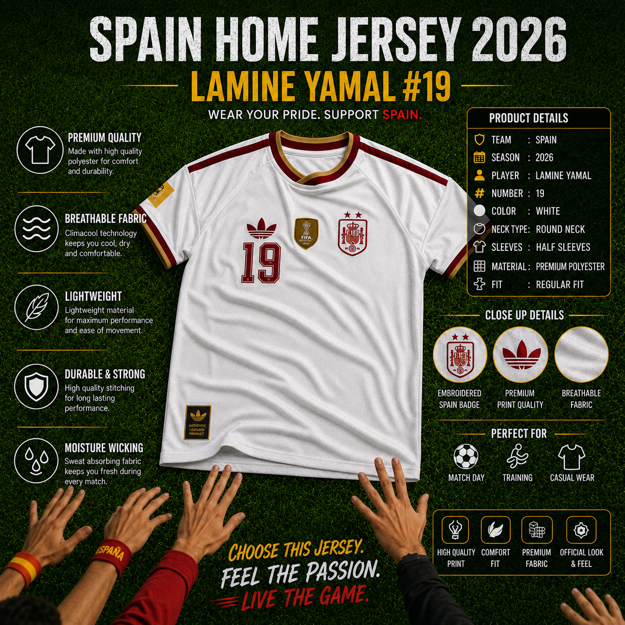 Spain Home Jersey 2026 White | Lamine Yamal #19 Football Shirt | Premium Quality | Climacool Edition